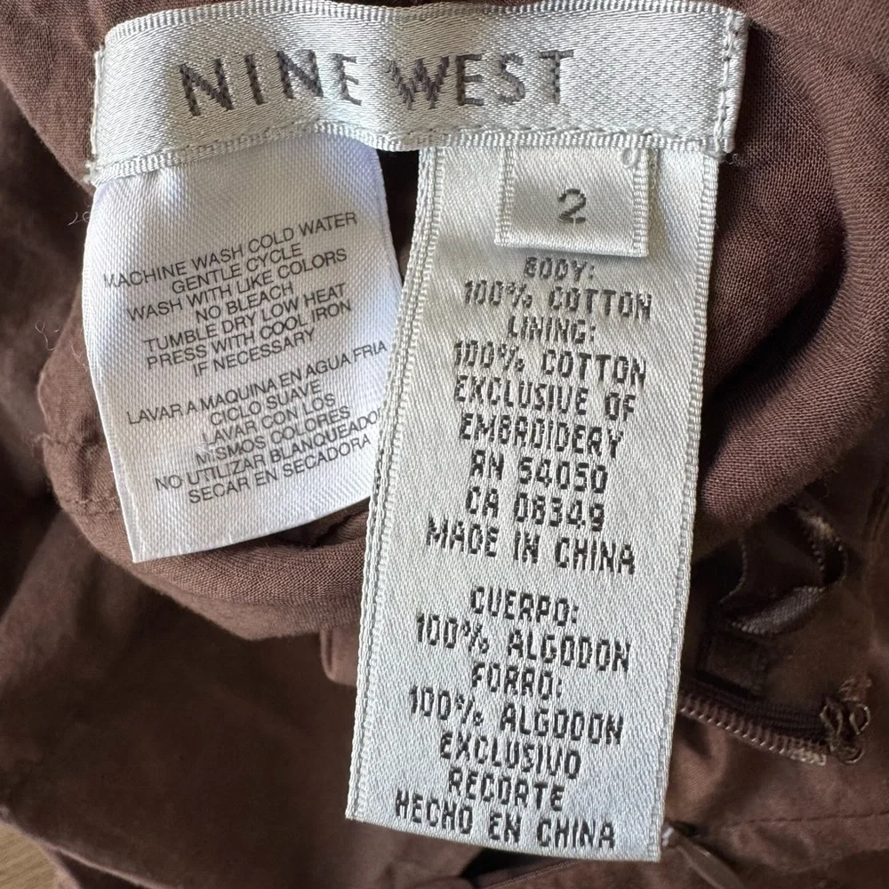 Nine West Boho A-Lined 100% Cotton Brown Embroidered Geometric Long Skirt Sz 2